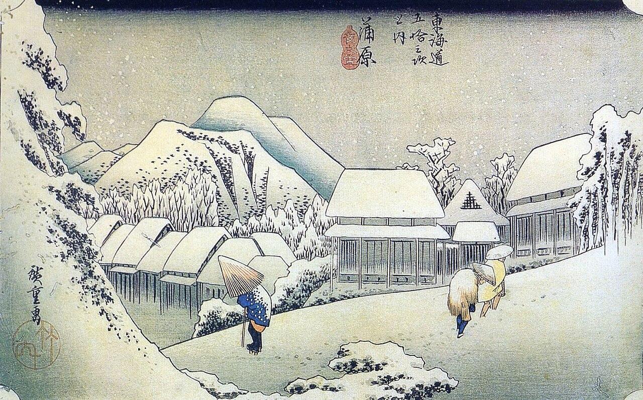 Evening Snow at Kanbara — Utagawa Hiroshige, original artwork; not a product photo