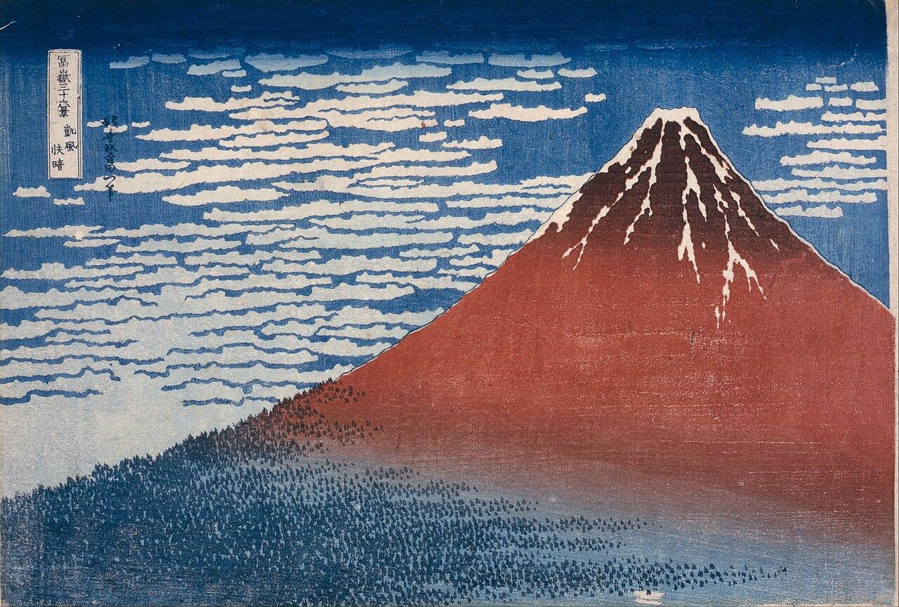 Red Fuji — Katsushika Hokusai, original artwork; not a product photo